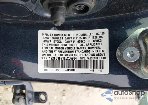 2020 Honda Civic Ex-L z USA, uszkodzony, nr VIN 19XFC1F71LE206984